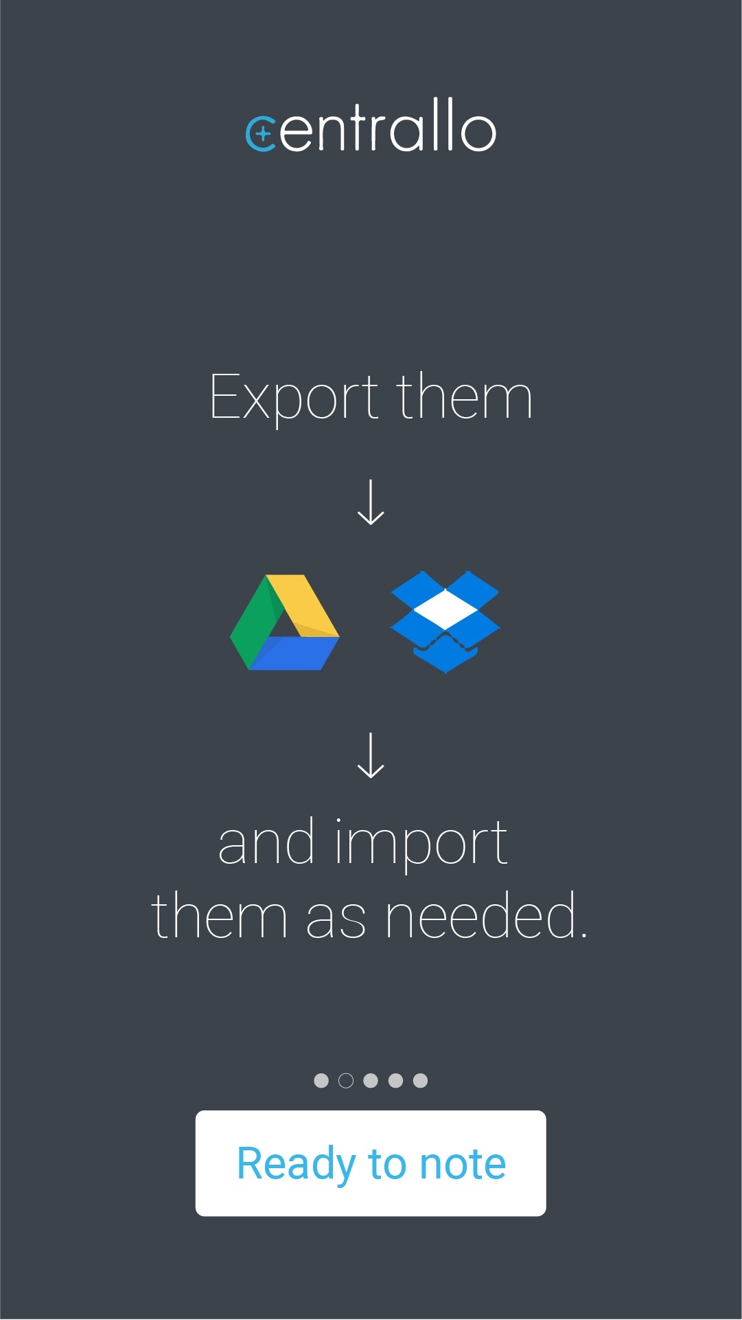 Ecran de présentation où il est écrit 'Export them, import them as needed.'