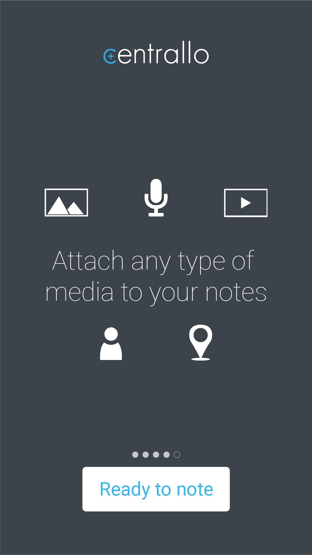 Ecran de présentation où il est écrit 'Attach any type of media to your notes.'