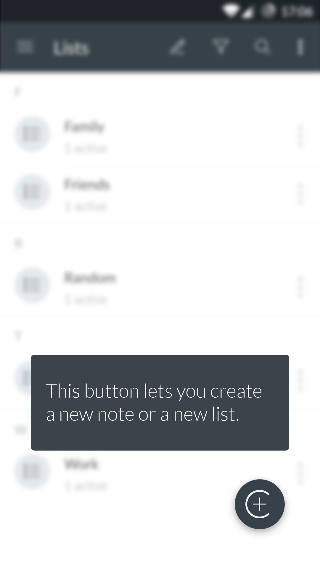 Ecran de l'application, indiquant le bouton qui permet de créer une note ou une liste.