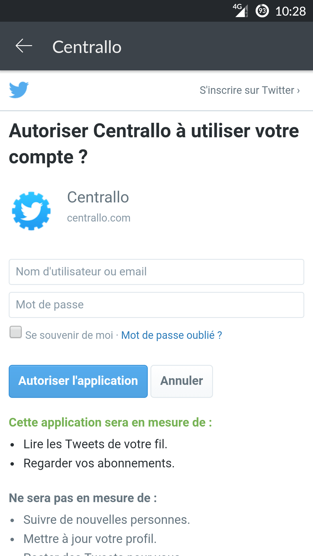 Ecran d'autorisation de twitter pour s'inscrire sur Centrallo avec le comtpe twitter. Centrallo passe par son navigateur interne pour accéder au site de twitter.