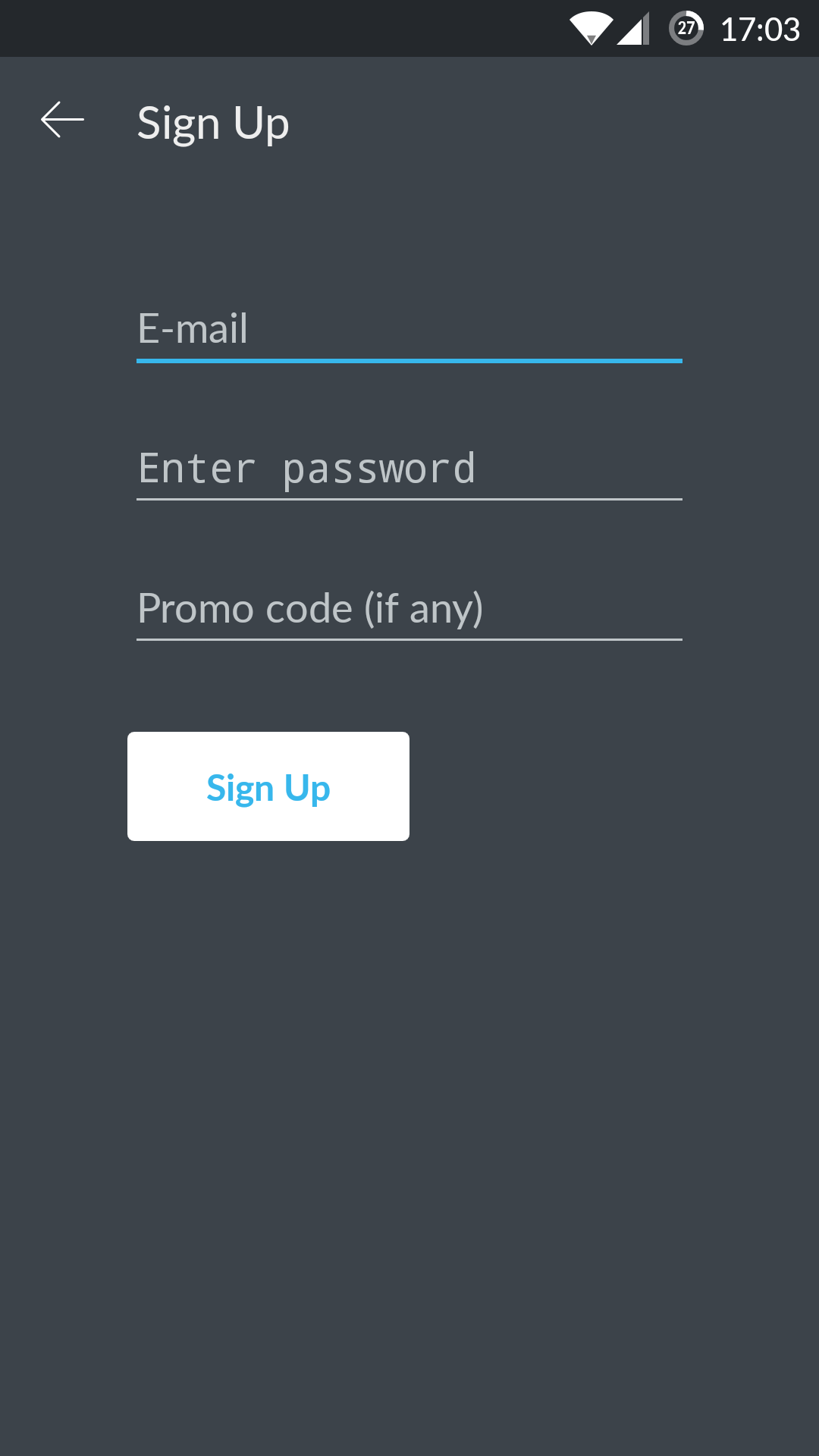 Ecran d'inscription par mail avec un champ mail, un champ mot de passe et un champ promo code