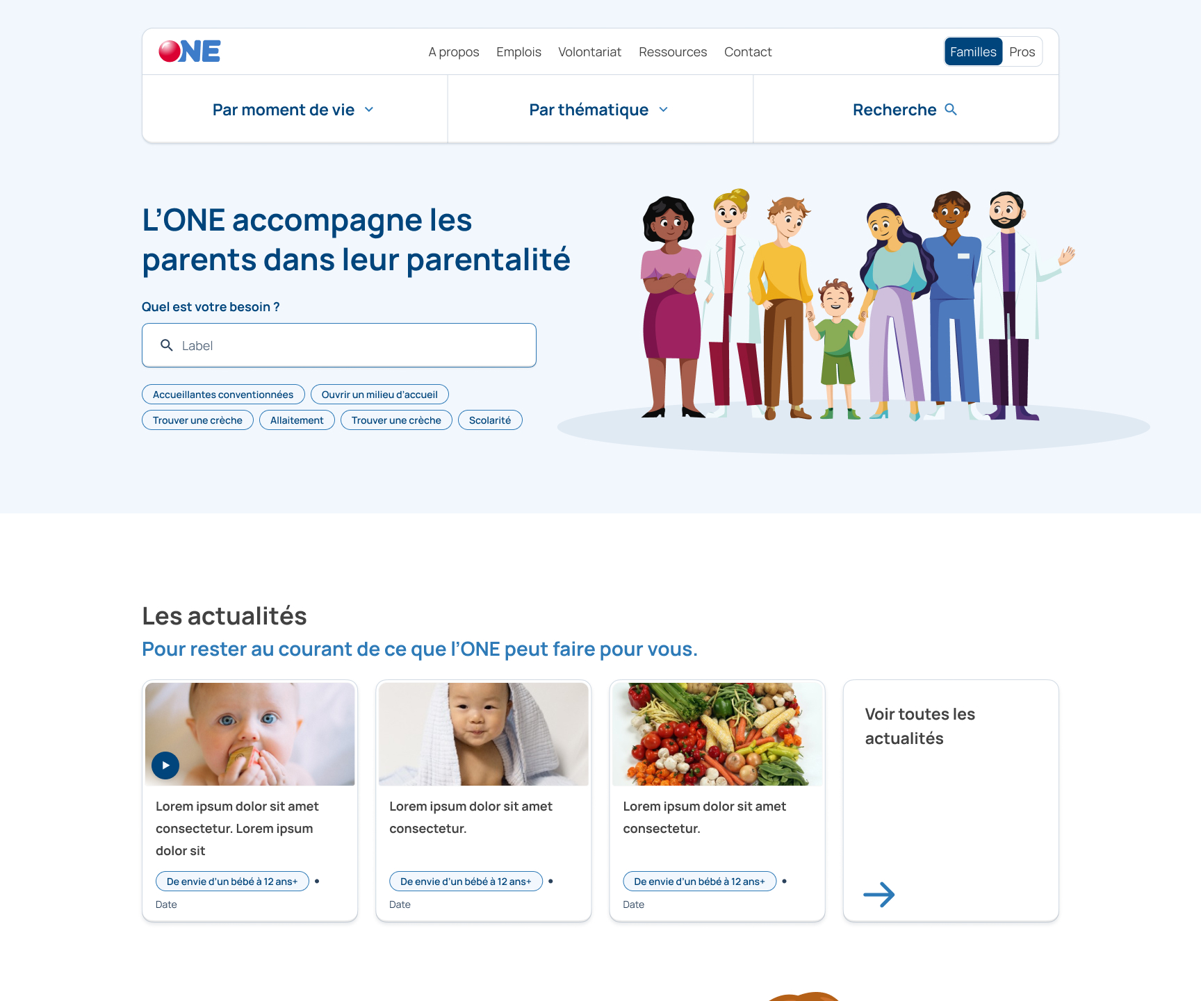 First part of the homepage, showing the navigation, hero section including search, search suggestions and an illustration of child caretakers, followed by the latest news.