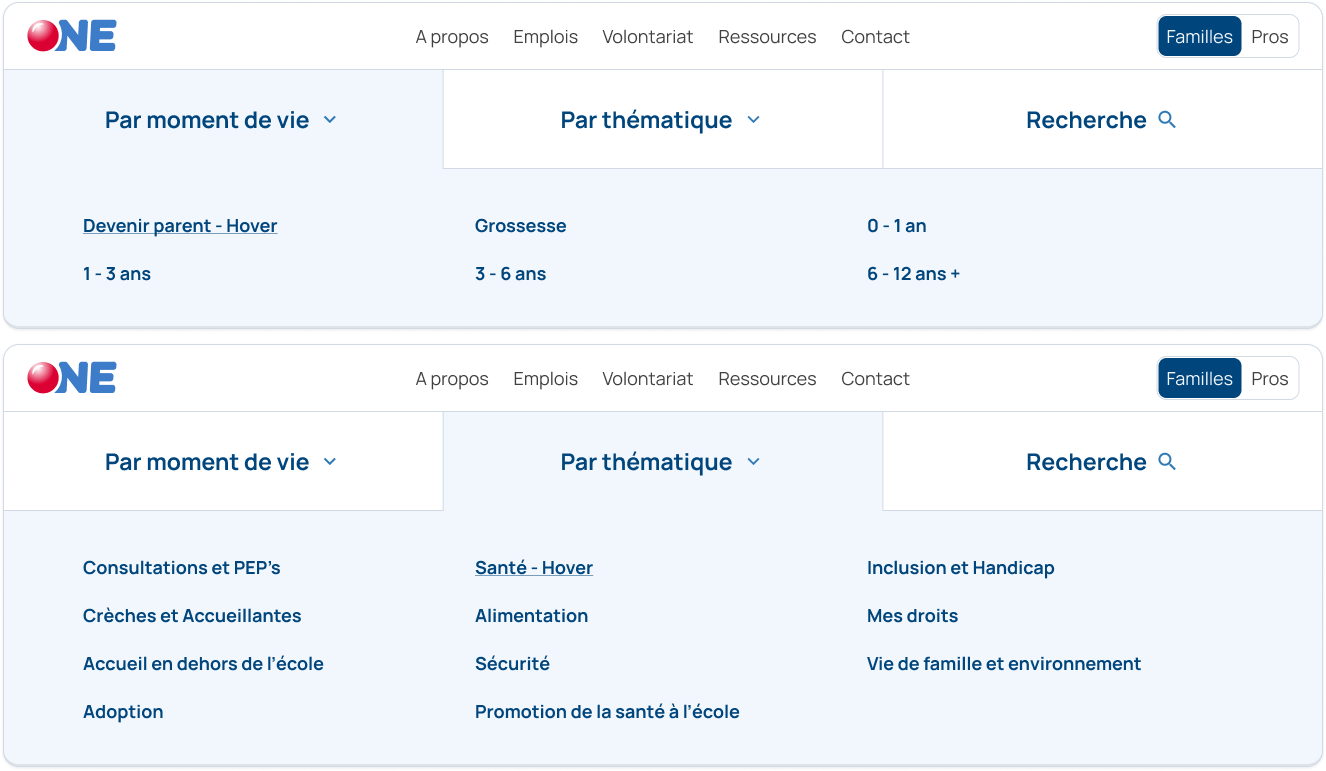 The new navigation with stages, themes and the serch as main entries. It's showing the navigation for both stages and entries, which is a much more limited selection of elements.