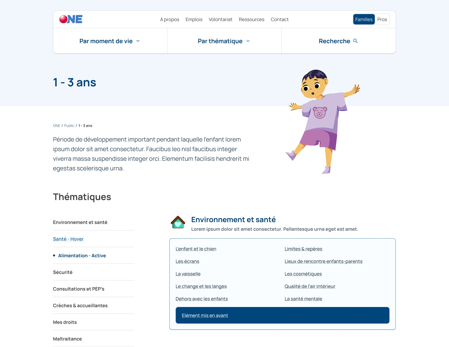 The syage page, showing links grouped by themes