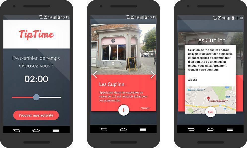 Capture d'écrans de nos designs visuels pour la page de sélection de temps disponible, de choix d'activité et d'information sur l'activité.