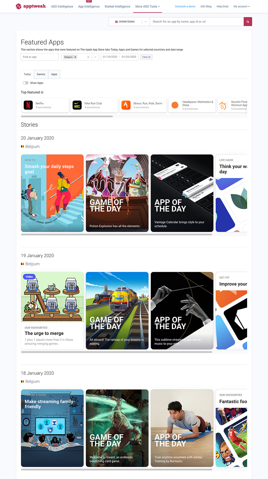 La section featured apps d'apptweak, qui regroupe des cartes d'applications comme sur l'app store.